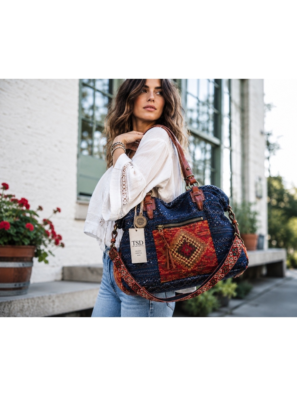 TSD The Same Direction Boho Tapestry Tote Bag NWT Leather Trim Weekender Purse